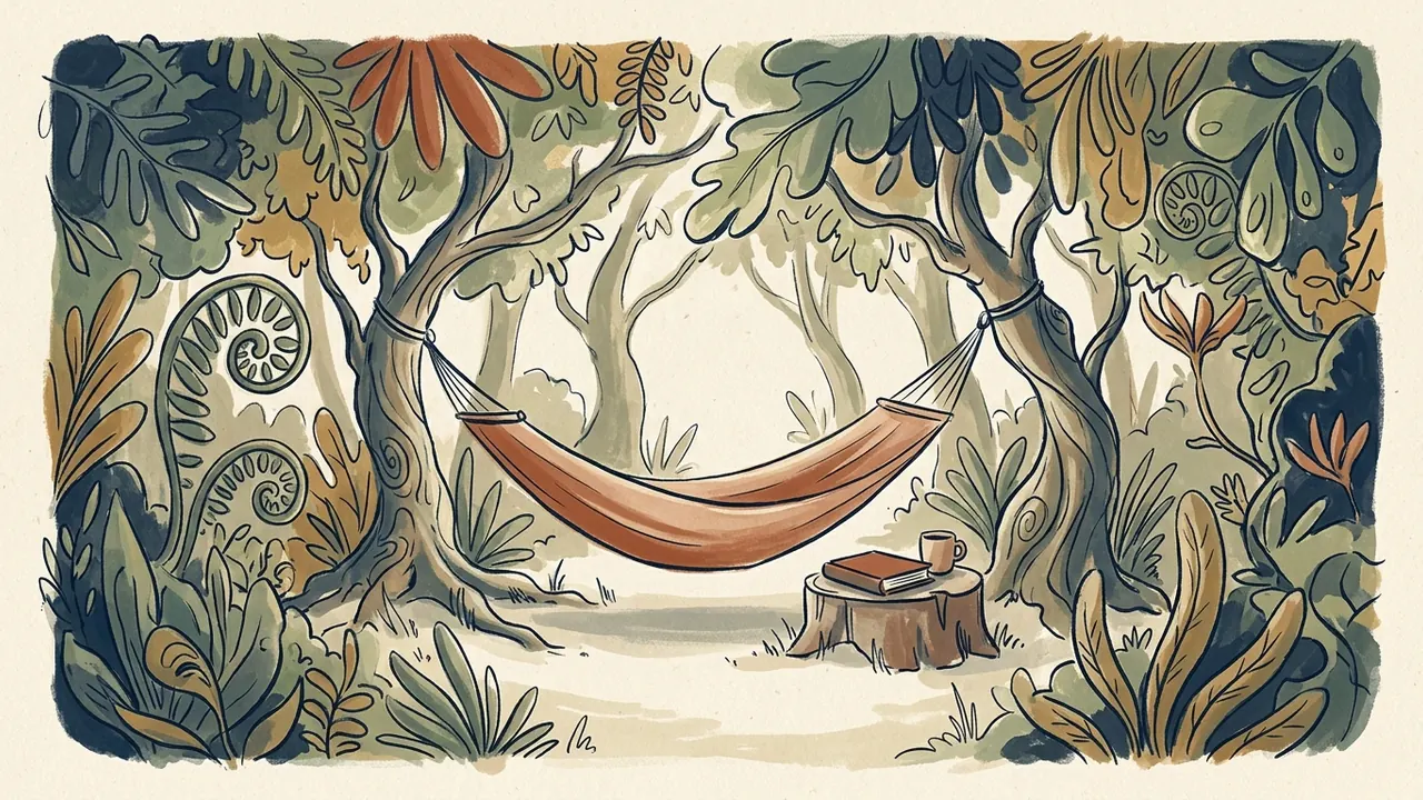 Una hamaca vacía en un jardín imaginario junto a un libro y una taza.