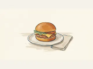 Hamburguesa con queso, lechuga y tomate sobre un plato junto a una servilleta.