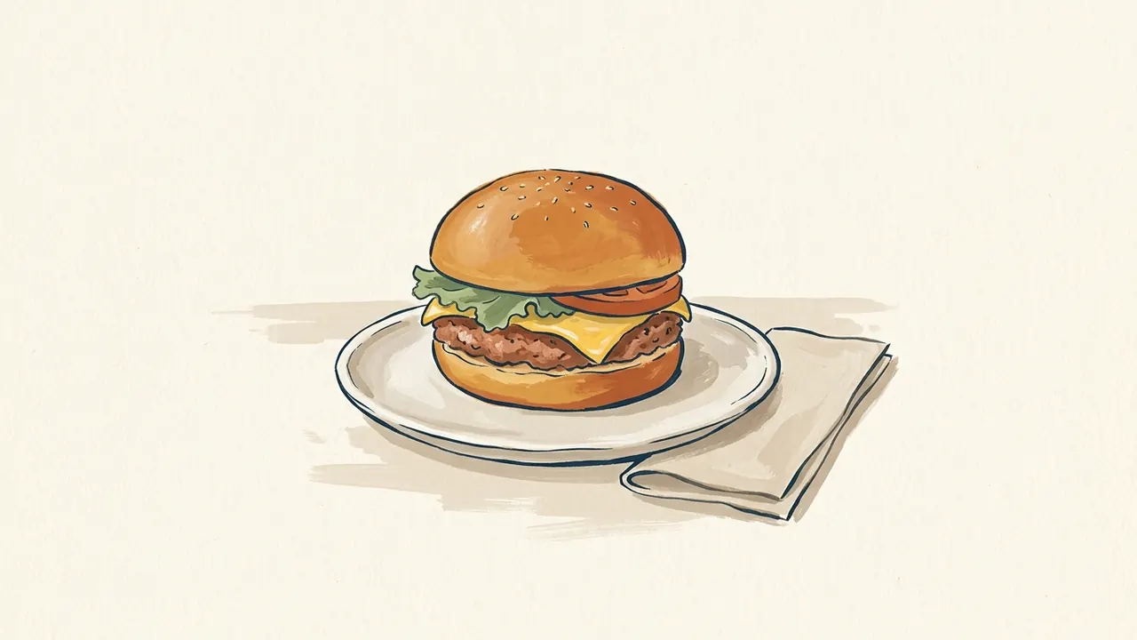 Hamburguesa con queso, lechuga y tomate sobre un plato junto a una servilleta.