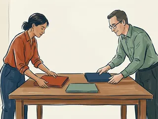 Dos personas organizan tres carpetas de colores sobre una mesa.