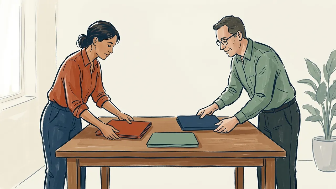 Dos personas organizan tres carpetas de colores sobre una mesa.