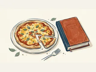 Ilustración de una pizza de queso junto a un libro de recetas cerrado y un tenedor.