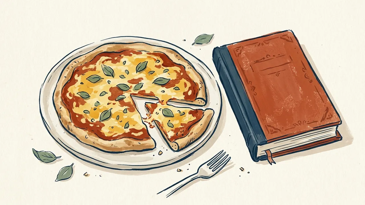 Ilustración de una pizza de queso junto a un libro de recetas cerrado y un tenedor.