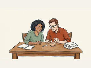 Dos personas observan una llave y una taza junto a cuadernos lisos.