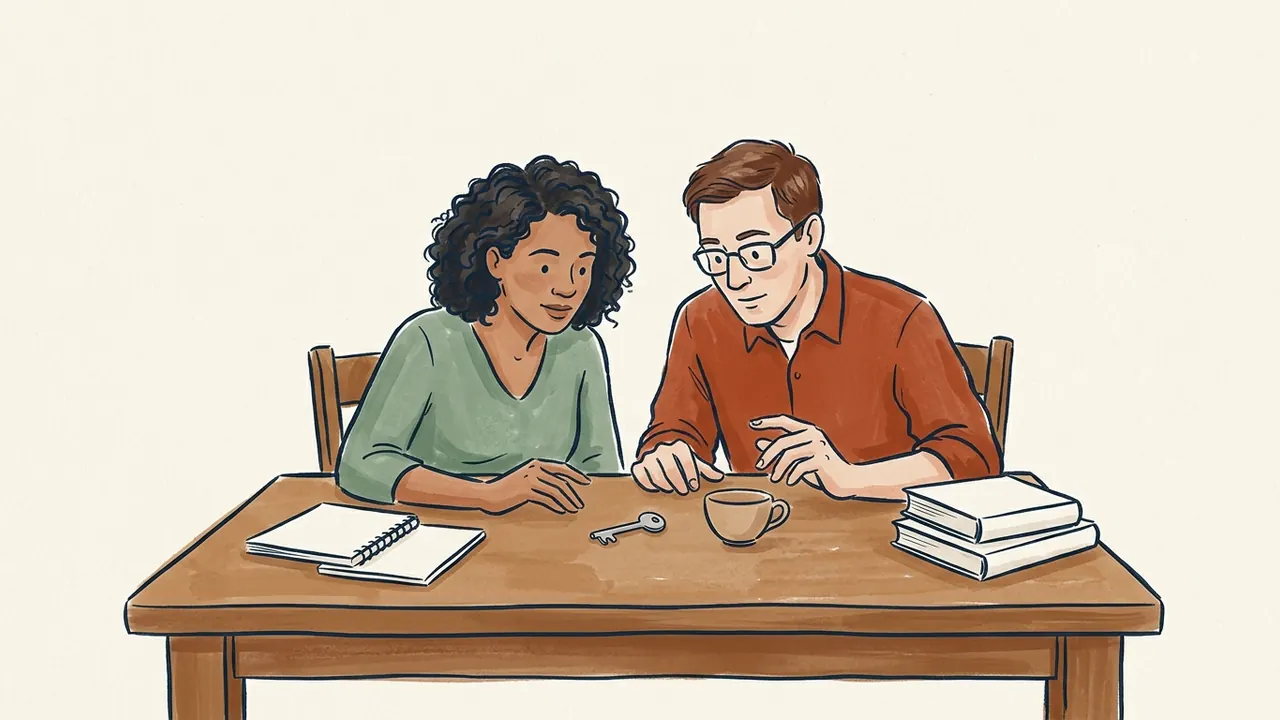 Dos personas observan una llave y una taza junto a cuadernos lisos.