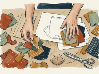 Dos manos organizan retales junto al dibujo de una prenda sobre papel.