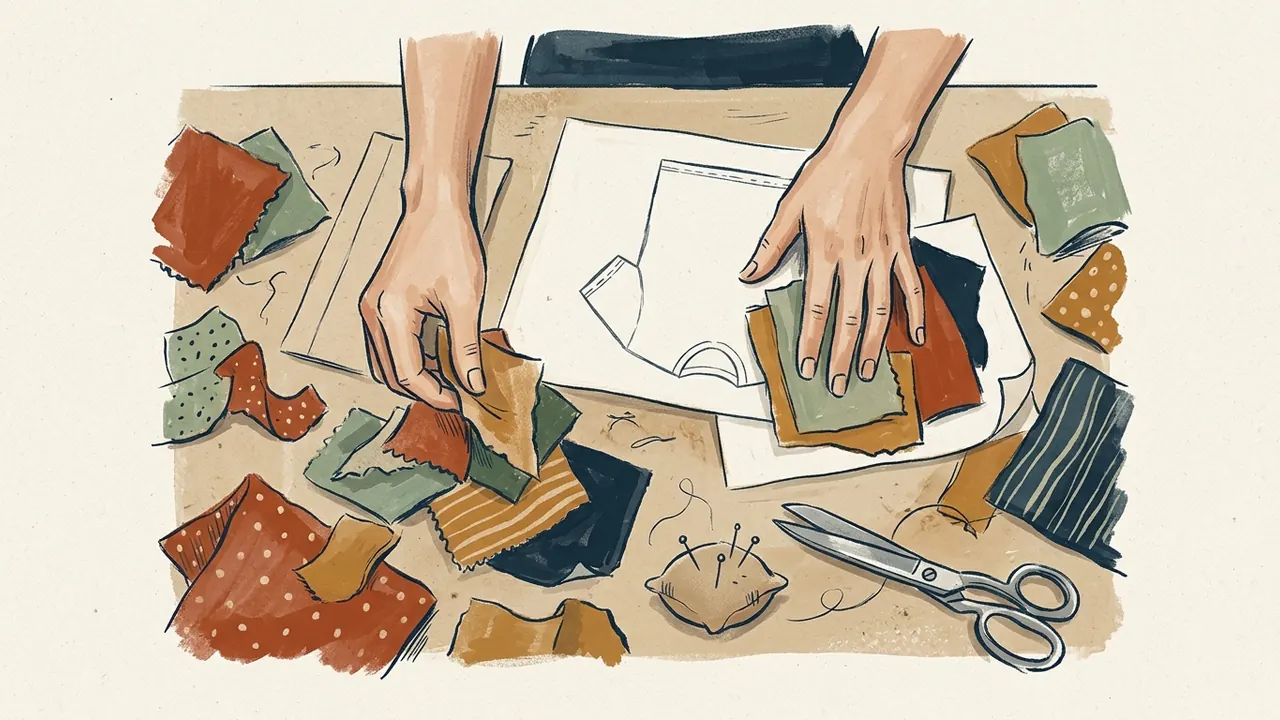 Dos manos organizan retales junto al dibujo de una prenda sobre papel.