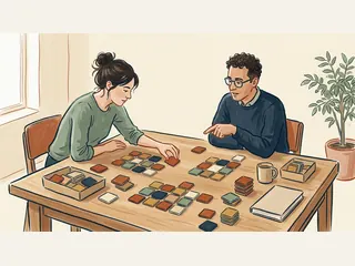 Dos personas ordenan fichas cuadradas de colores lisos sobre una mesa de estudio.