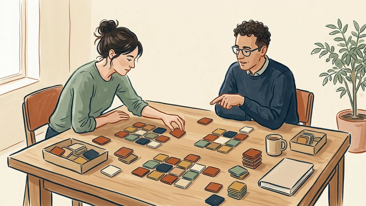 Dos personas ordenan fichas cuadradas de colores lisos sobre una mesa de estudio.