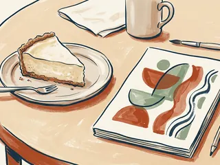 Una porción de tarta de queso comparte mesa con un cuaderno de formas abstractas.