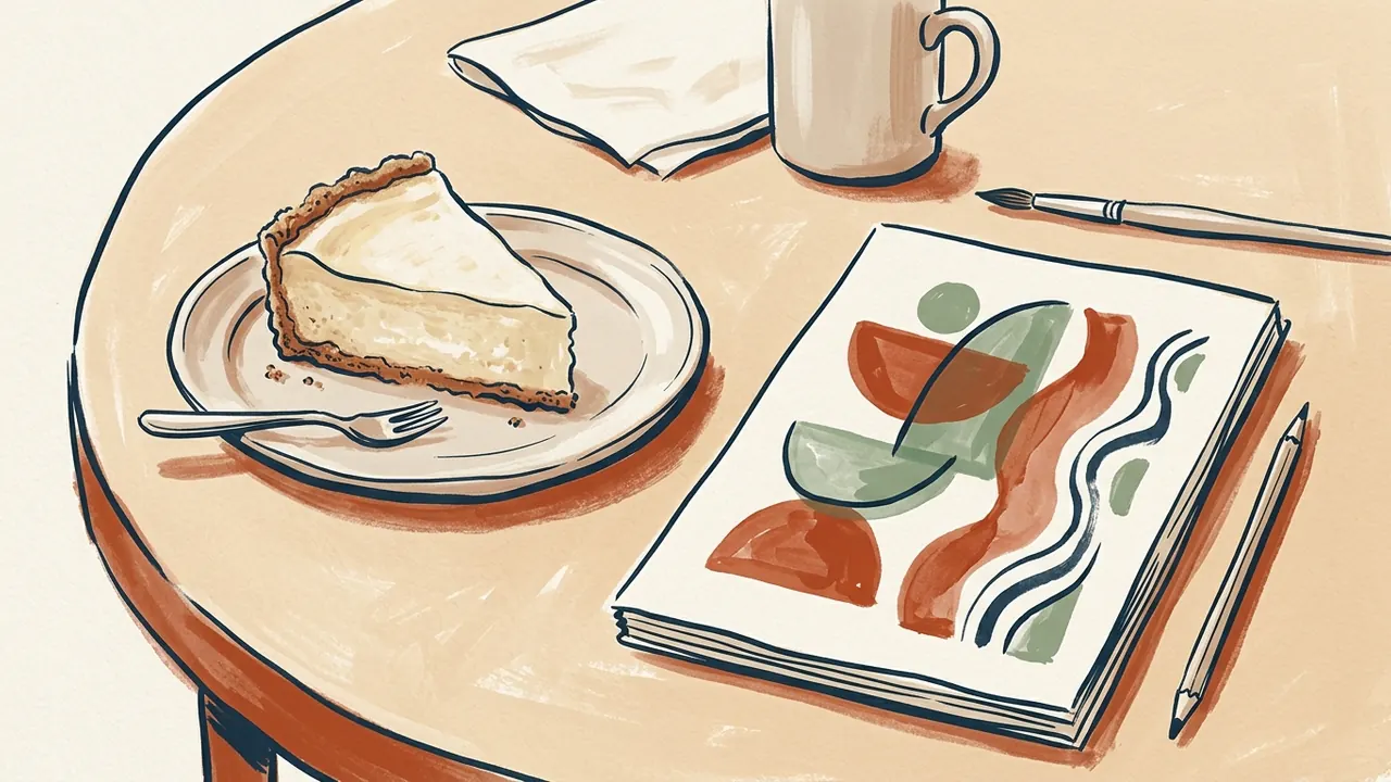 Una porción de tarta de queso comparte mesa con un cuaderno de formas abstractas.