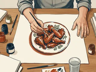 Manos de una persona pintan sobre papel un plato imaginario de alitas de pollo.