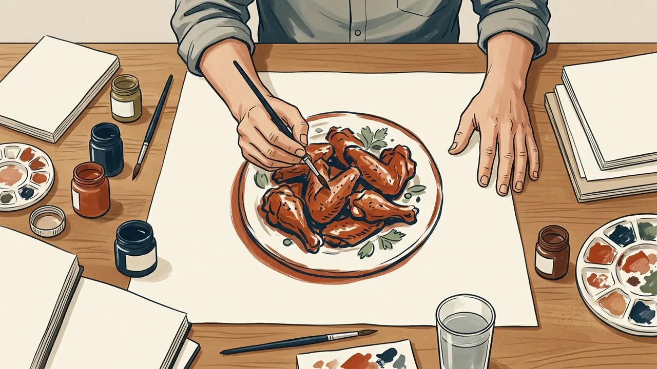 Manos de una persona pintan sobre papel un plato imaginario de alitas de pollo.