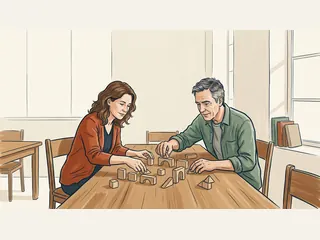Dos adultos organizan pequeñas piezas de madera sobre una mesa.