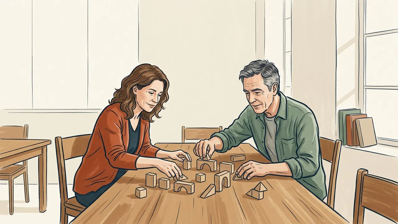 Dos adultos organizan pequeñas piezas de madera sobre una mesa.