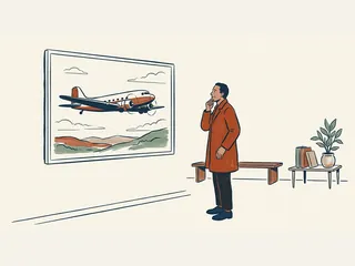 Una persona observa una ilustración de un avión de transporte de aspecto antiguo.