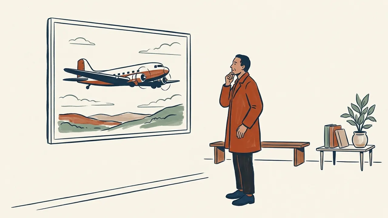 Una persona observa una ilustración de un avión de transporte de aspecto antiguo.