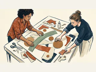 Dos personas crean una composición de papel con una franja verde y círculos marrones.