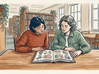 Dos personas consultan un libro ilustrado en una biblioteca.