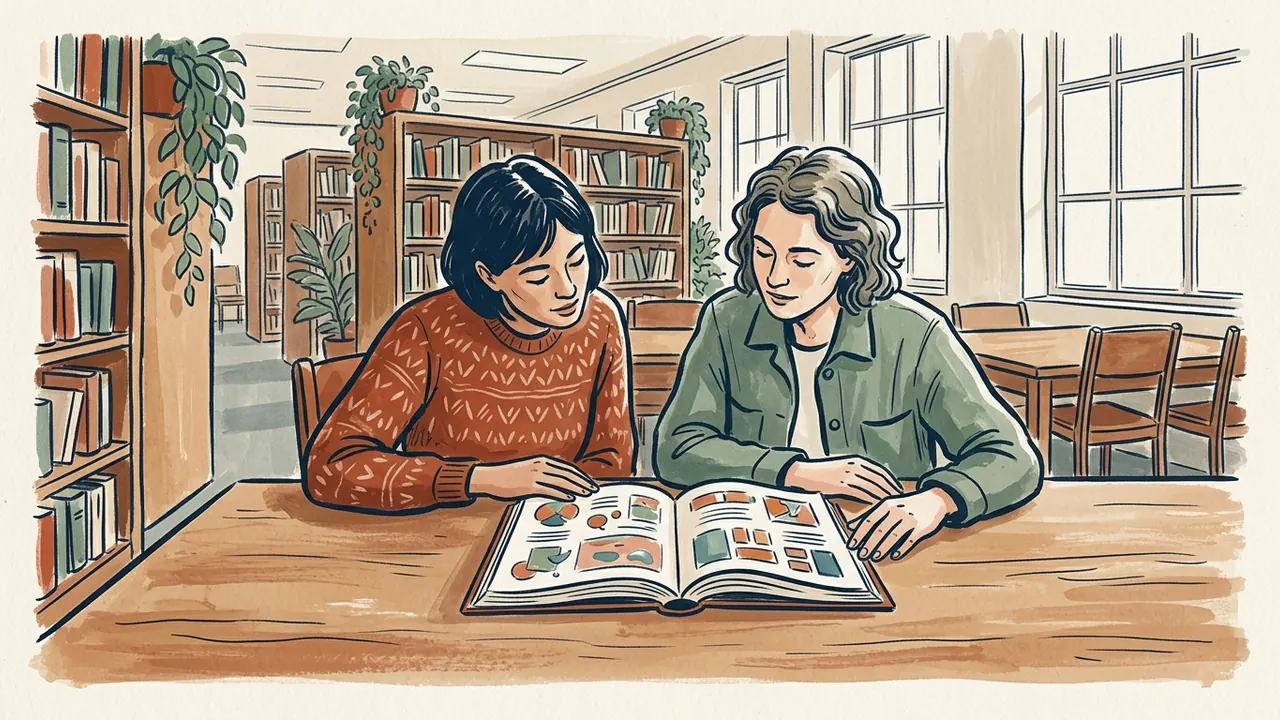 Dos personas consultan un libro ilustrado en una biblioteca.