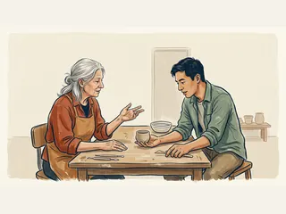 Dos personas adultas de distintas generaciones conversan sobre una pieza de cerámica en un taller.