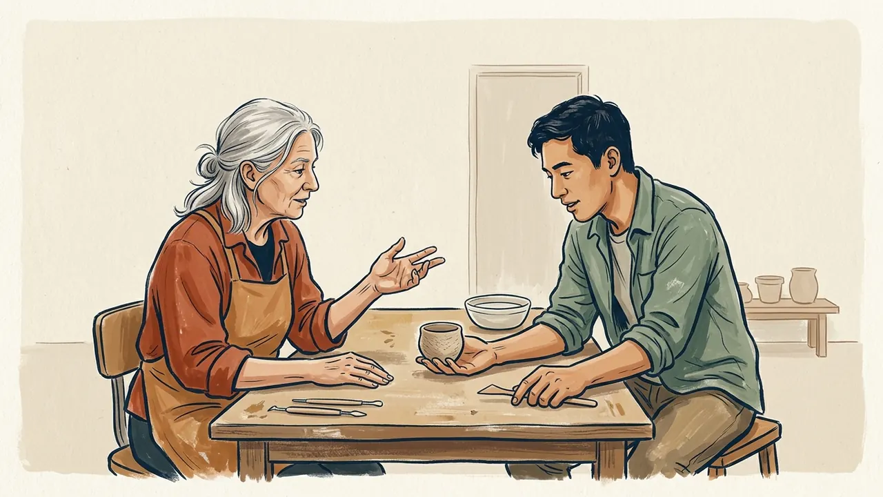 Dos personas adultas de distintas generaciones conversan sobre una pieza de cerámica en un taller.