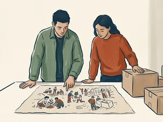 Dos personas observan un dibujo de actividades comunitarias junto a cajas cerradas.