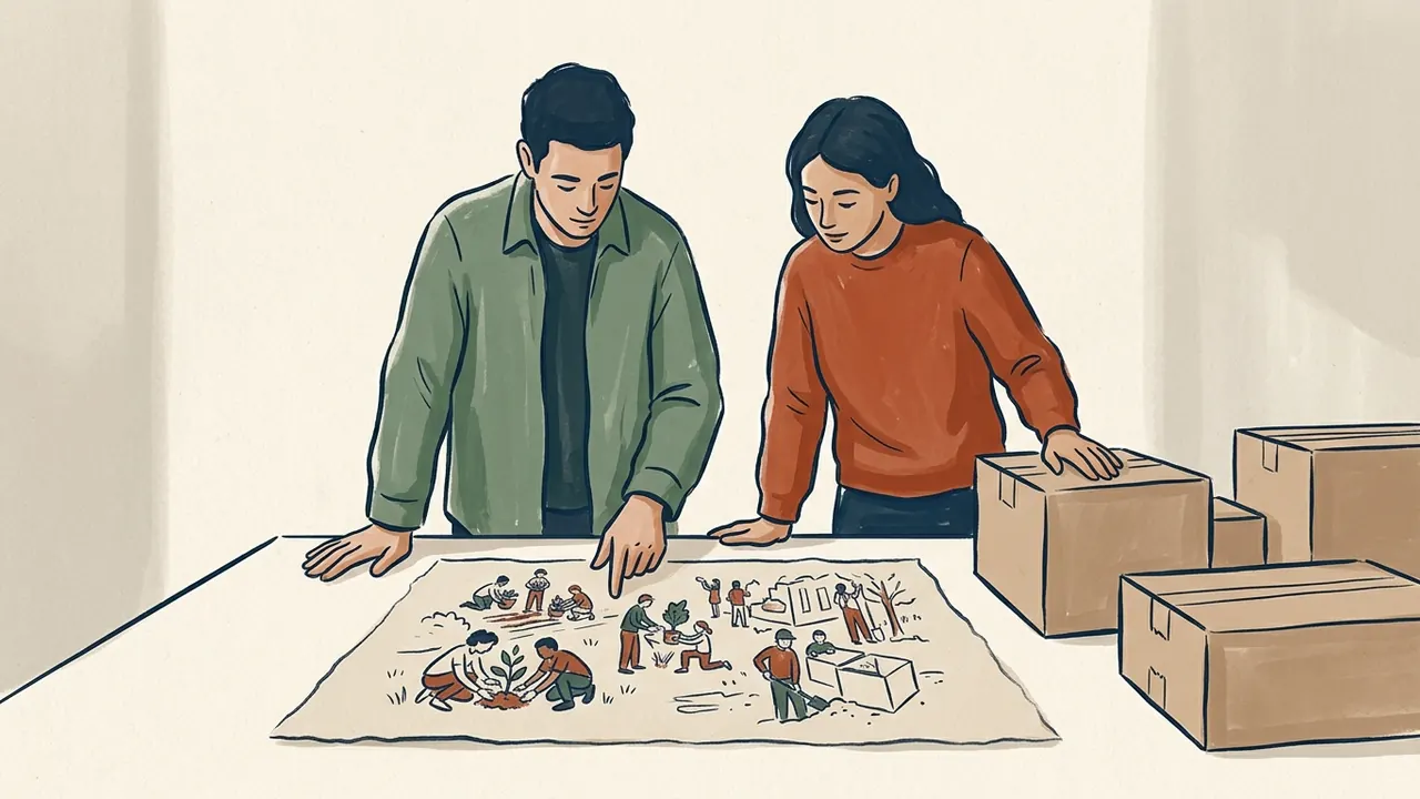 Dos personas observan un dibujo de actividades comunitarias junto a cajas cerradas.