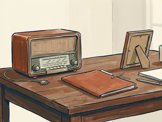 Una radio de aspecto antiguo, una carpeta cerrada y el reverso de un marco sobre una mesa.