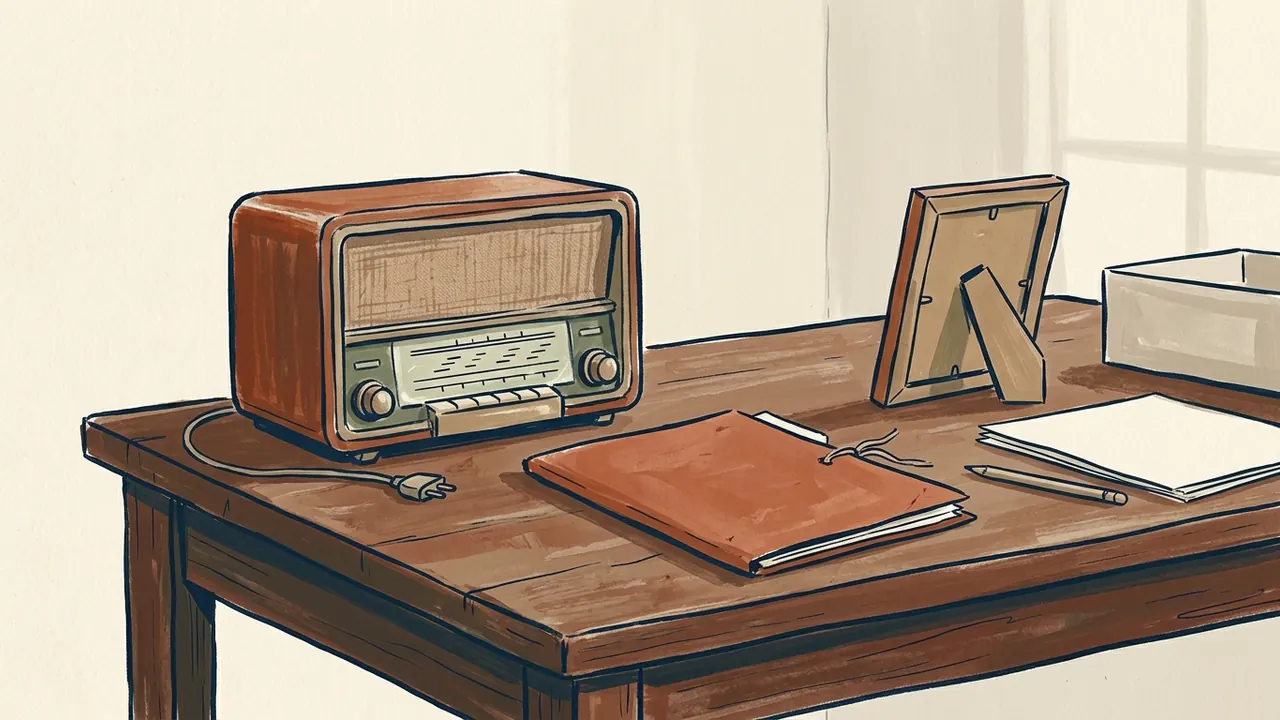 Una radio de aspecto antiguo, una carpeta cerrada y el reverso de un marco sobre una mesa.