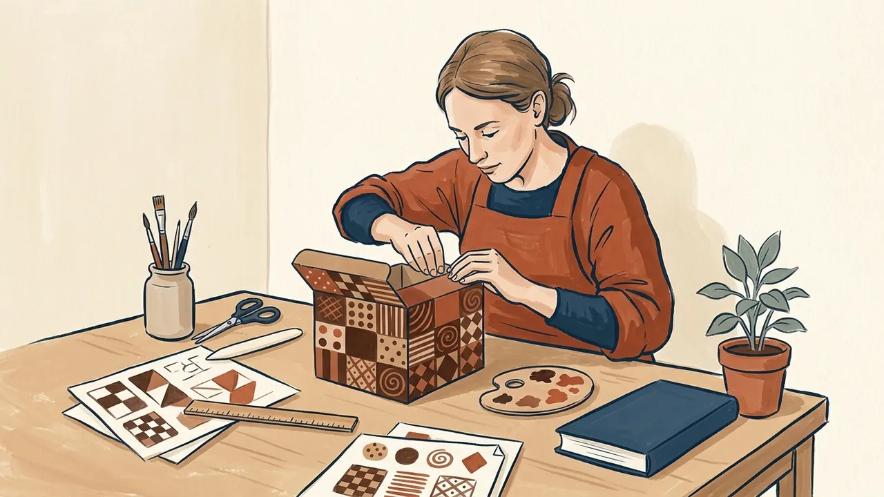 Una persona crea una caja de papel decorada con patrones geométricos en tonos de chocolate.