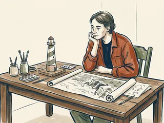 Una persona observa una maqueta de faro junto a un dibujo de una costa imaginaria.