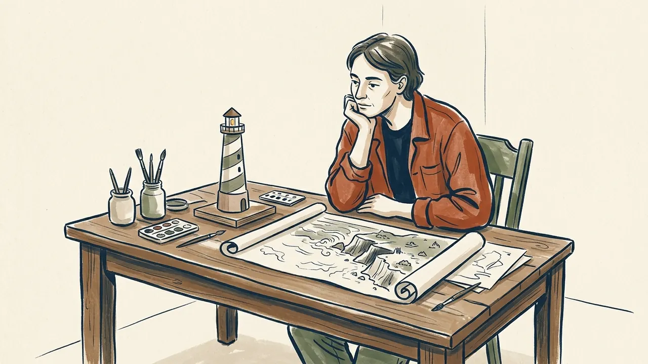 Una persona observa una maqueta de faro junto a un dibujo de una costa imaginaria.