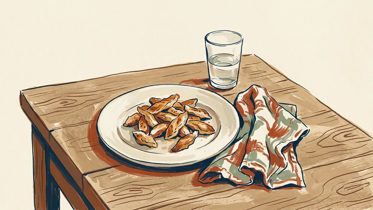 Un plato de tiras de pollo cocinado junto a una servilleta y un vaso.