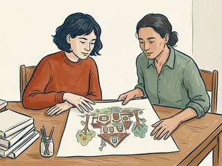 Dos personas adultas observan juntas un dibujo de una casa sobre una mesa.
