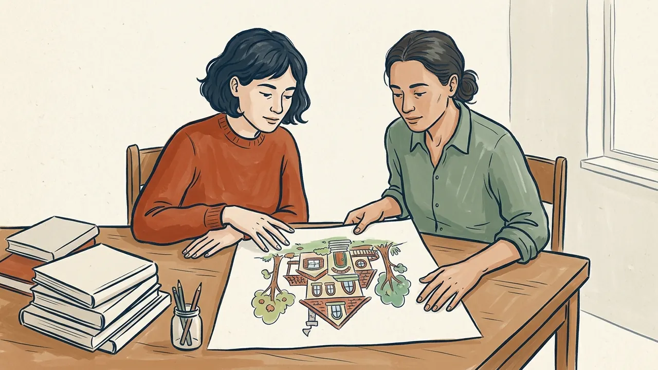 Dos personas adultas observan juntas un dibujo de una casa sobre una mesa.