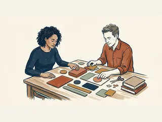 Dos personas diseñan una composición de interfaz con piezas geométricas sobre una mesa.