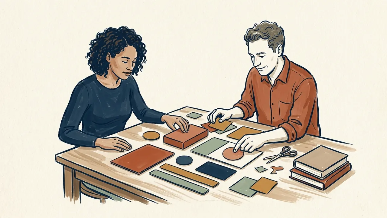 Dos personas diseñan una composición de interfaz con piezas geométricas sobre una mesa.