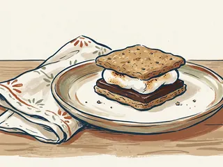 Un dulce de galleta, chocolate y marshmallow sobre un plato junto a una servilleta.