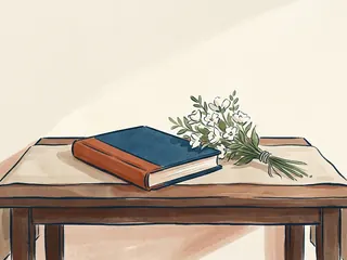 Un libro cerrado de cubierta lisa y un ramo de flores blancas sobre una mesa de memoria.