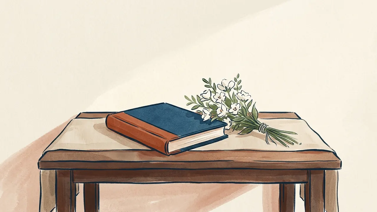 Un libro cerrado de cubierta lisa y un ramo de flores blancas sobre una mesa de memoria.