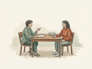 Dos personas adultas conversan sentadas frente a una mesa.