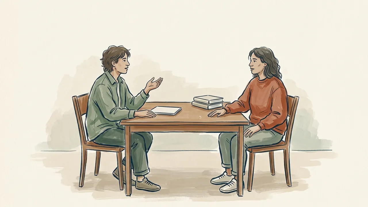 Dos personas adultas conversan sentadas frente a una mesa.