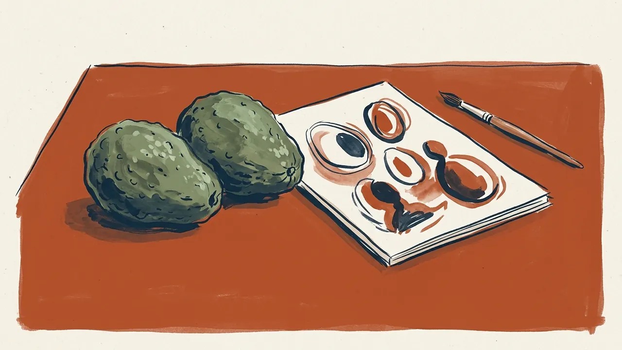 Dos aguacates enteros junto a una composición de óvalos pintados sobre papel.