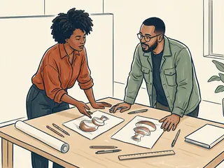 Dos personas comparan dibujos de objetos imaginarios con formas curvas sobre una mesa.