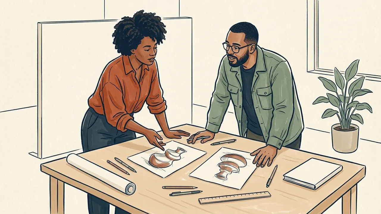 Dos personas comparan dibujos de objetos imaginarios con formas curvas sobre una mesa.