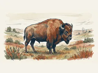 Un bisonte americano de cuerpo entero en una pradera.