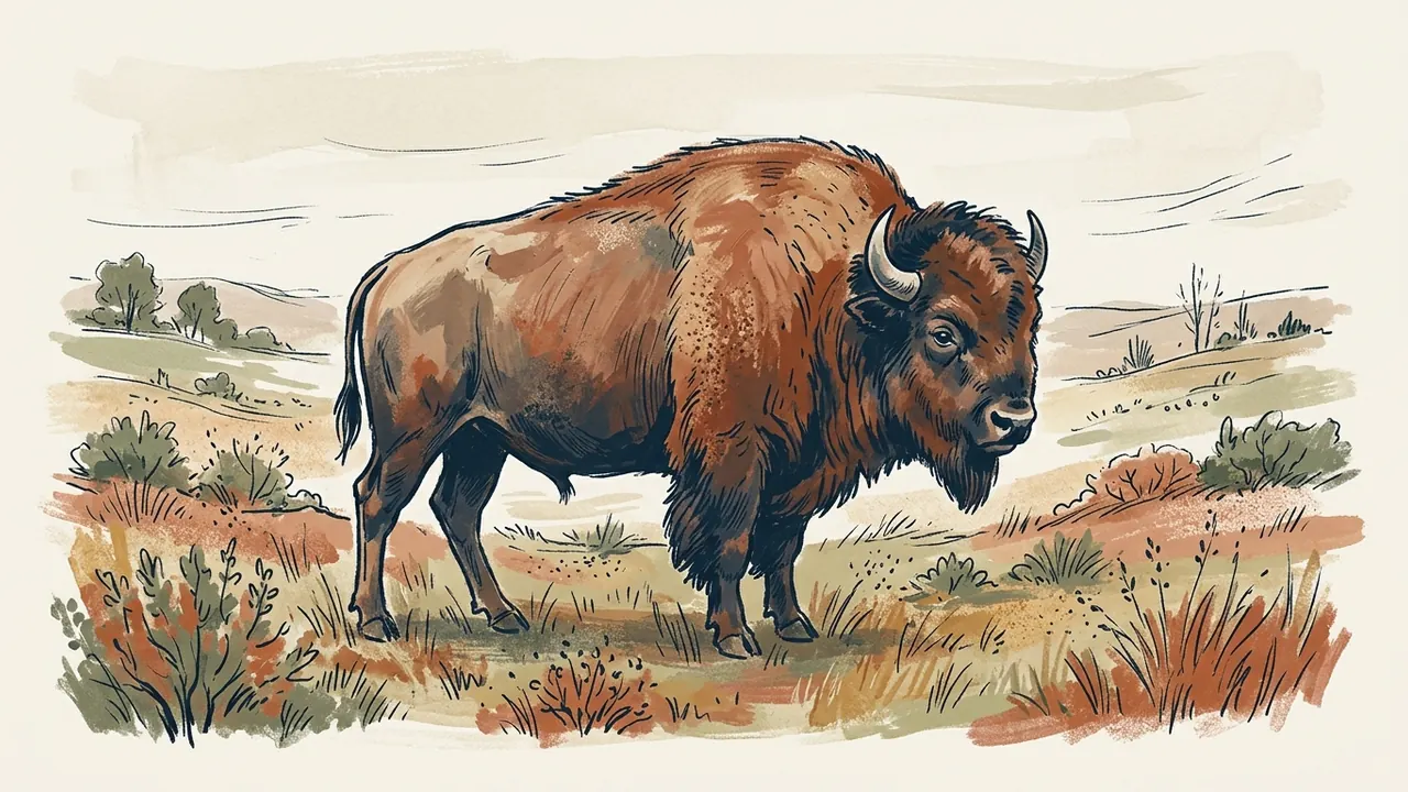 Un bisonte americano de cuerpo entero en una pradera.