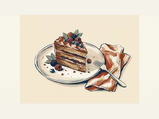 Porción de bizcocho con capas y frutos del bosque sobre un plato junto a un tenedor.