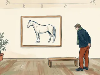 Una persona observa un dibujo original de un caballo en una sala de exposición.